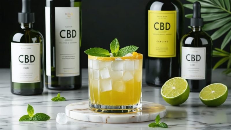 A sophisticated cocktail glass containing a vivid CBD-infused drink garnished with mint and citrus, surrounded by CBD products and spirits, representing the fusion of mixology and wellness.