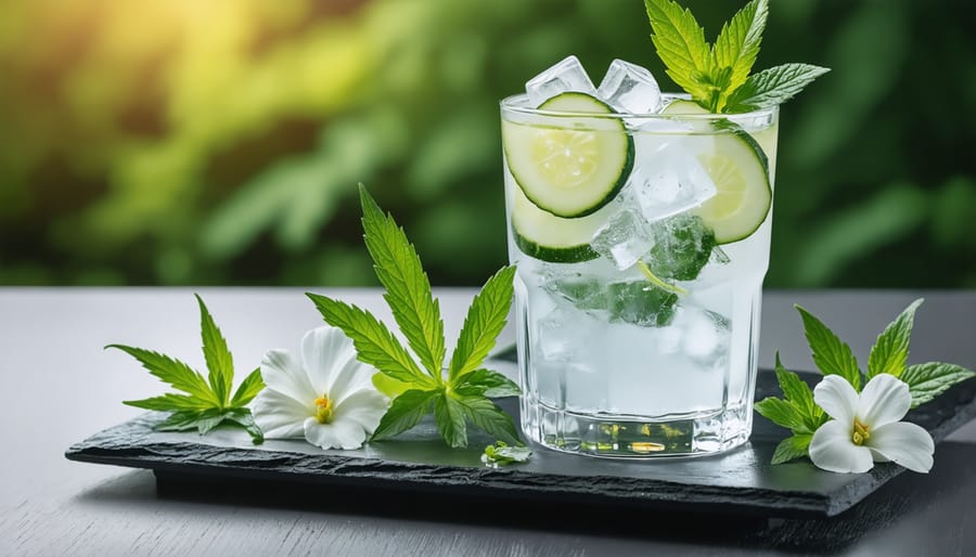 Elegant glass of CBD-infused gin and tonic with botanical garnishes