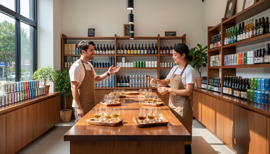 Person offering a tasting sample in a neatly curated beverage shop interior with arranged bottles and shelves.