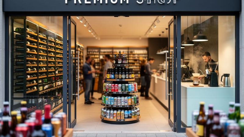 “Warmly lit beverage shop interior showing neatly organized wine bottles, a craft beer display, and a pour-over coffee setup at a specialty counter.”