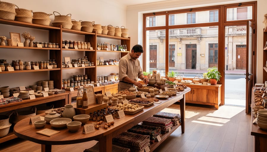 Curated regional beverage display on a wooden shelf with bottles and small heritage-inspired garnishes.