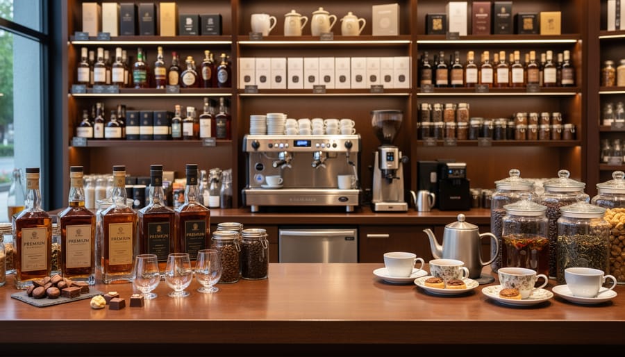 A crystal glass of amber spirit, a cup of coffee, and a teacup of brewed tea arranged for tasting on a counter.