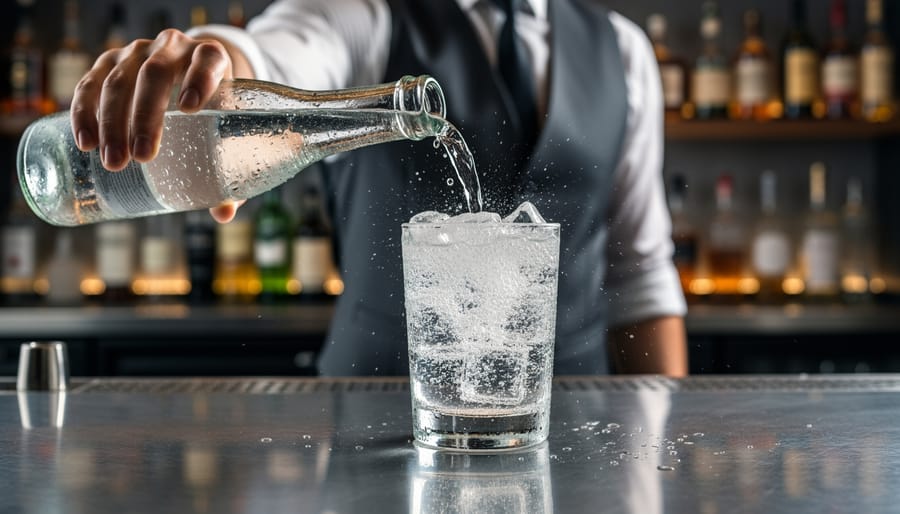 Bartender’s hands pouring carbonated water into a tall glass with ice during cocktail preparation.