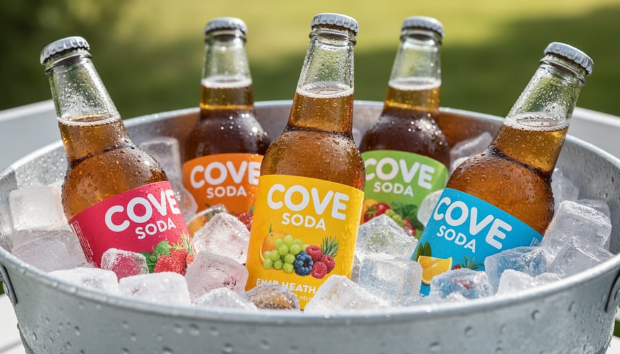 Chilled assortment of Cove Soda bottles in a frosty cooler with condensation