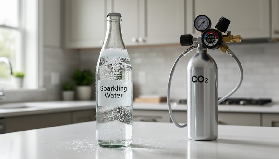 Chilled bottle carbonating on a kitchen counter with a CO2 cylinder and regulator nearby