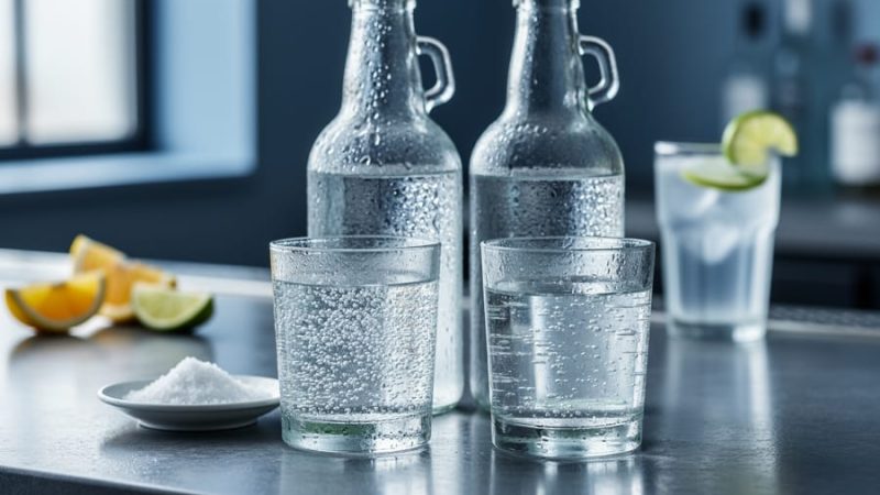 “Chilled glasses filled with club soda and sparkling water, with visible carbonation and a small mineral accent beside the club soda for comparison.”