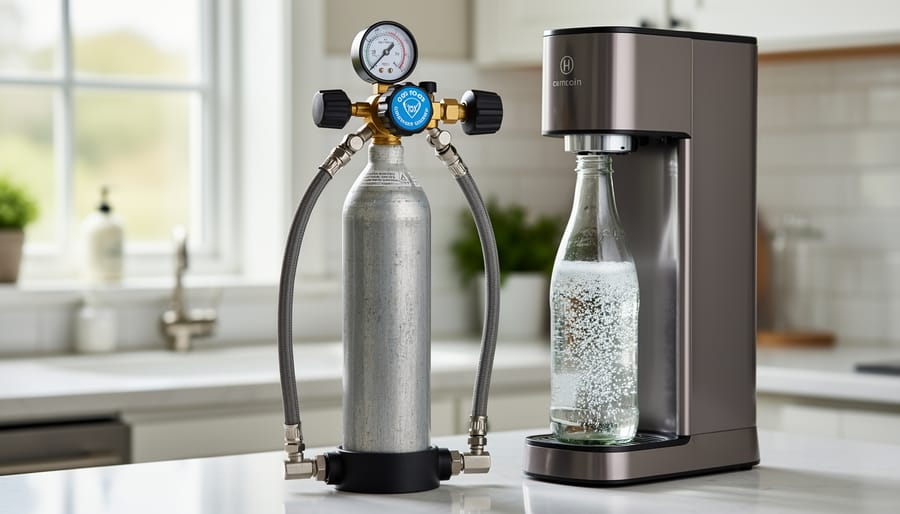 CO2 cylinder, regulator, and hose connected and checked securely on a kitchen tabletop