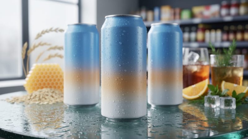 Condensation-covered cans of gut-healthy soda on a chilled table with softly blurred grocery retail context and drink-mixing ingredients in the background.