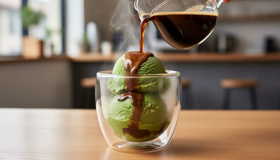 Dirty matcha affogato with hot espresso pouring over green matcha ice cream