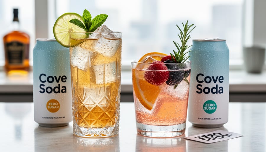 Grapefruit-garnished cocktail and raspberry mocktail made with soda on a bar counter