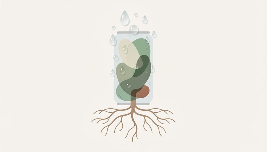 Green plant with visible roots in dark soil beside a glass with condensation droplets
