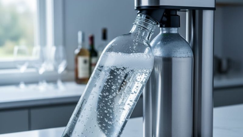 Close-up of a glass bottle of sparkling water connected to a home carbonation machine on a countertop, with visible condensation and small bubbles.
