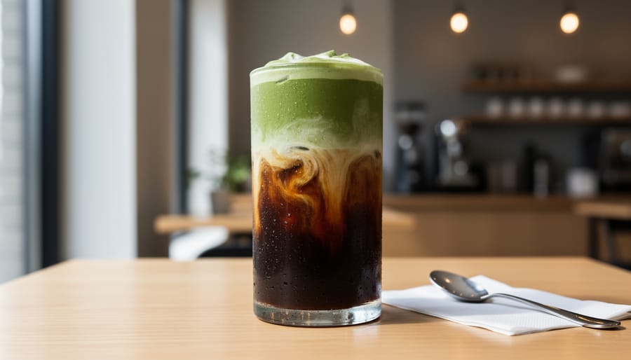 Layered cold brew matcha latte in a clear glass with ice under soft window light