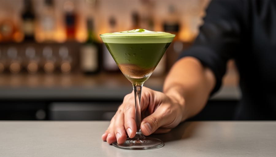 Matcha Espresso Martini in a chilled martini glass with emerald green crema on a dark bar counter