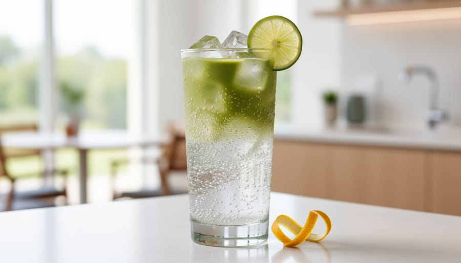 Matcha tonic in a tall glass with rising bubbles, ice, and a citrus garnish