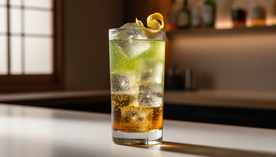 Matcha whiskey highball in a clear highball glass with ice and condensation