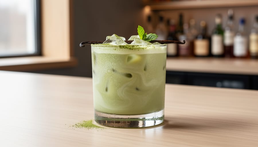 Matcha White Russian in a rocks glass with creamy pale green swirl and garnish