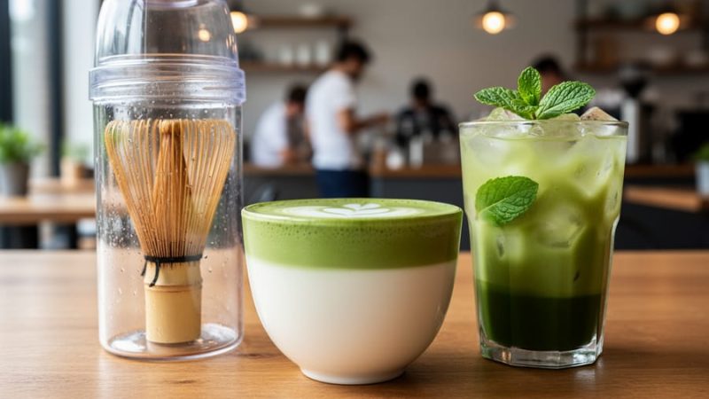 “Assorted modern matcha drinks with vibrant green foam, a whisk/shaker, and a cozy café background.”