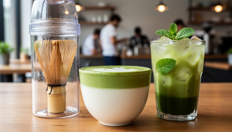 “Assorted modern matcha drinks with vibrant green foam, a whisk/shaker, and a cozy café background.”