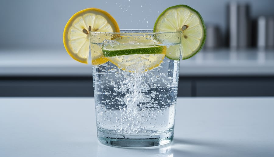Overhead view of a glass of sparkling water with ice and a lemon slice showing condensation and bubbles.