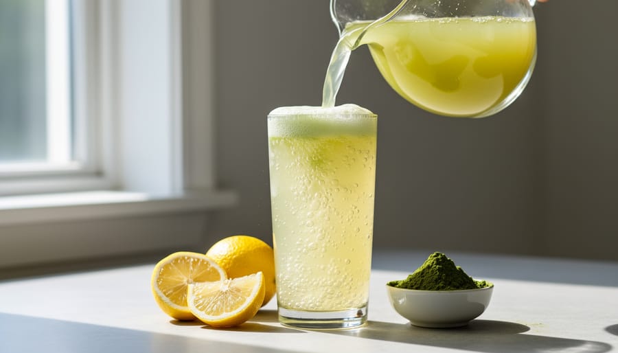 Sparkling matcha lemonade with fresh lemons and visible bubbles in a clear glass