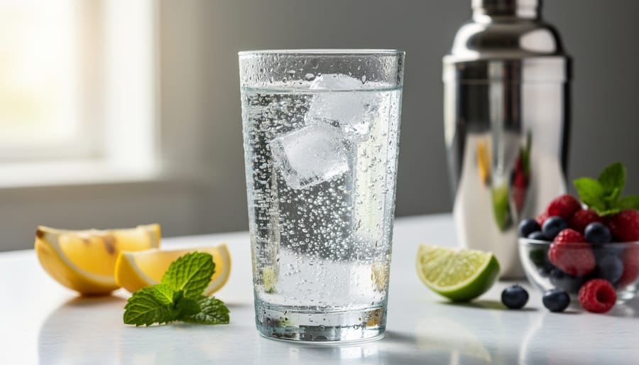 Sparkling water in a glass with rising bubbles, lemon wedge, and mint sprig