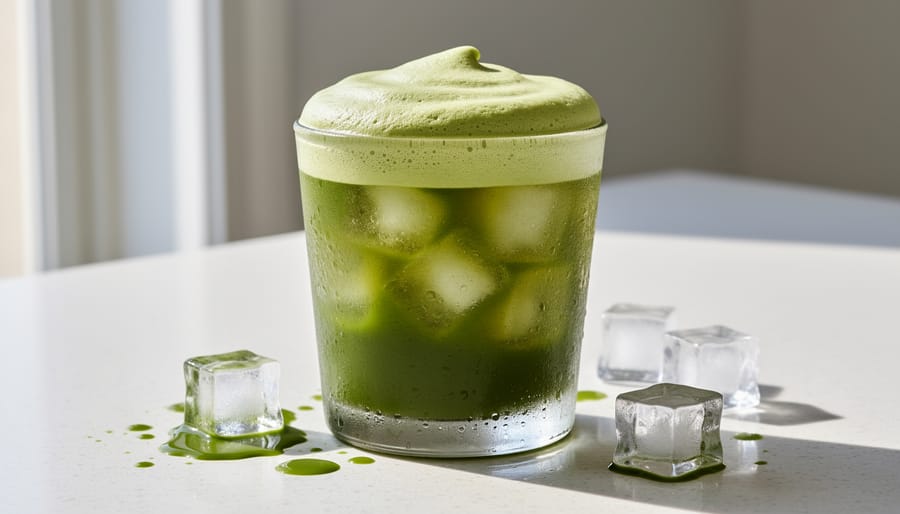 Top-down view of iced matcha shakerato in a frosted glass with thick green foam