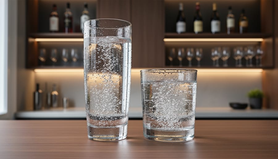 Two bottles of carbonated water with a glass of ice showing bubbles and condensation on a clean countertop.