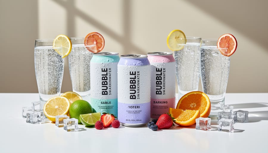 Assortment of bubble sparkling water cans on ice with lemon wedges and berries