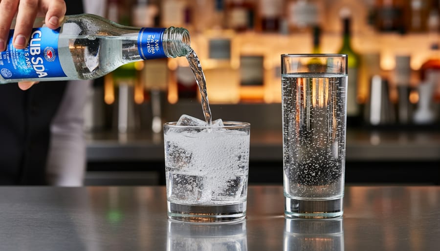 Bartender pouring club soda into an ice-filled highball glass with a lemon twist