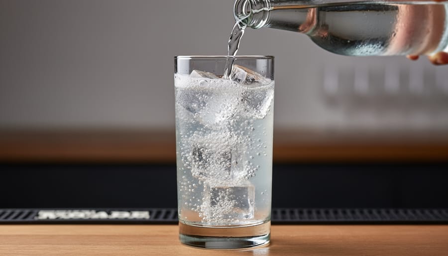 Bartender pouring club soda into a highball glass with ice