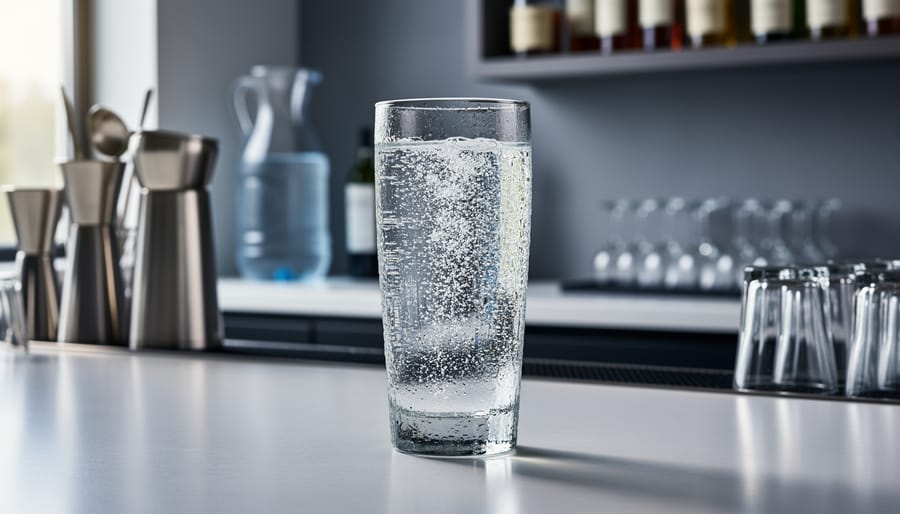 A bartender holding a clear glass of sparkling water with visible bubbles in a bar.