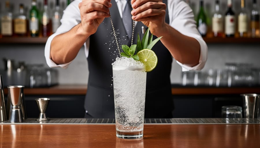 Bartender hands swizzling a cocktail beside a bottle of club soda and fresh ice on a tiki bar