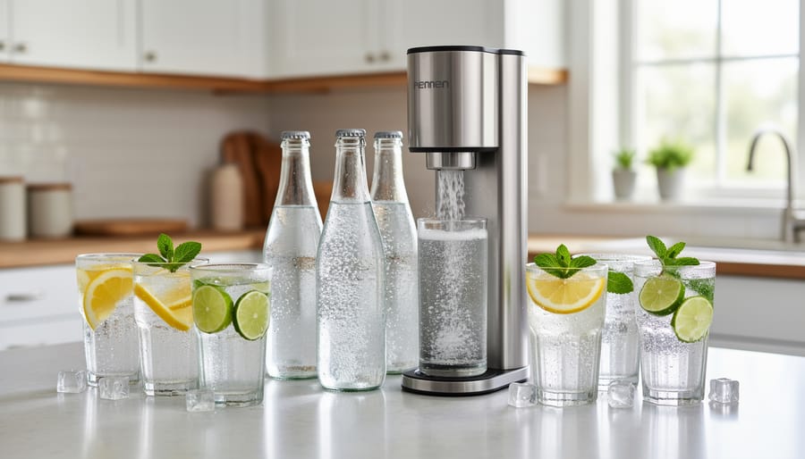 Assortment of sparkling water bottles with visible bubbles and condensation on a kitchen counter