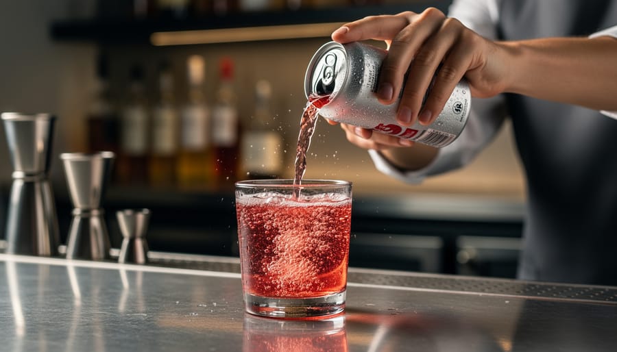 Pouring blood orange sparkling water into a coupe glass with a rosemary garnish