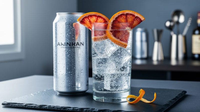 Close-up of blood orange sparkling water in a glass with visible bubbles, garnished with fresh blood orange slices and orange zest on a dark slate surface.