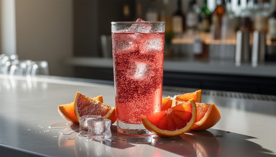 Blood orange sparkling water in a glass with fresh blood orange slices and visible condensation bubbles
