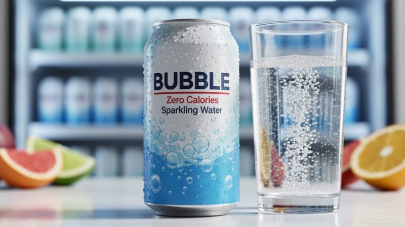 Close-up of a chilled bubble sparkling water can and clear glass with visible microbubbles and condensation.