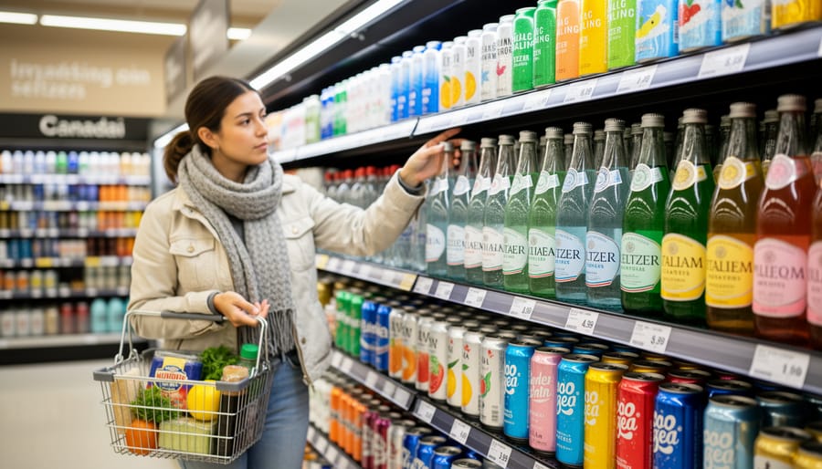 Hand reaching for a sparkling water bottle in a Canadian grocery store aisle