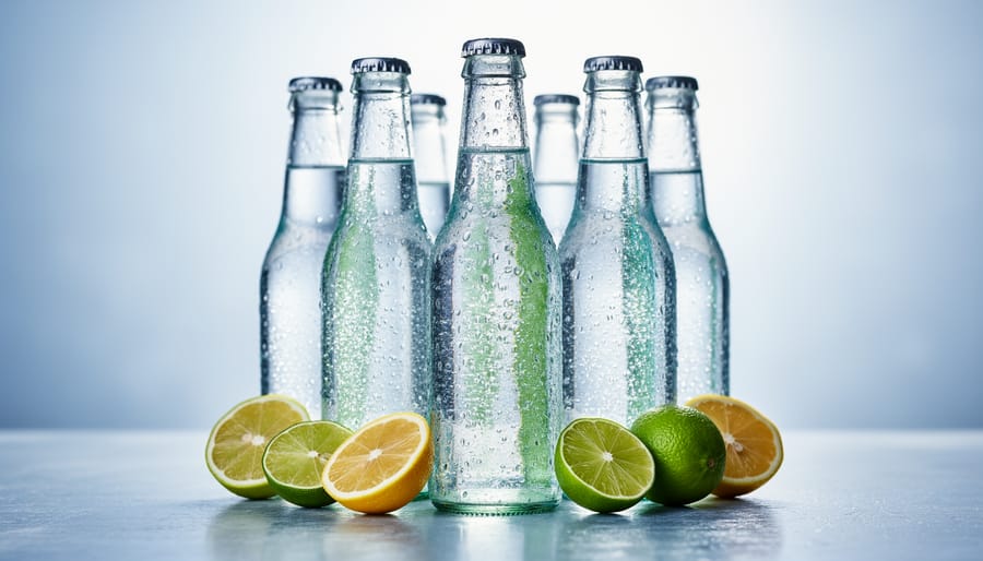 Chilled bottles of plain and mineral sparkling water with condensation on the glass.