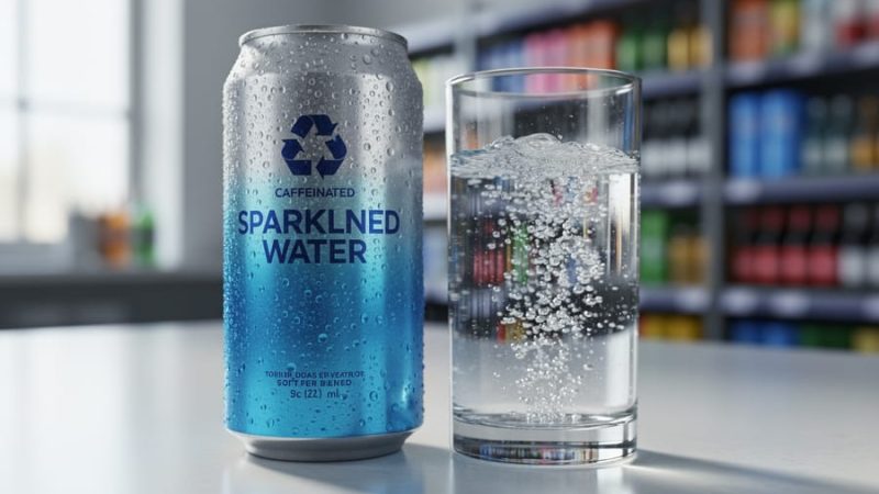 Chilled can of caffeinated sparkling water with condensation and a glass of carbonated bubbles beside it.