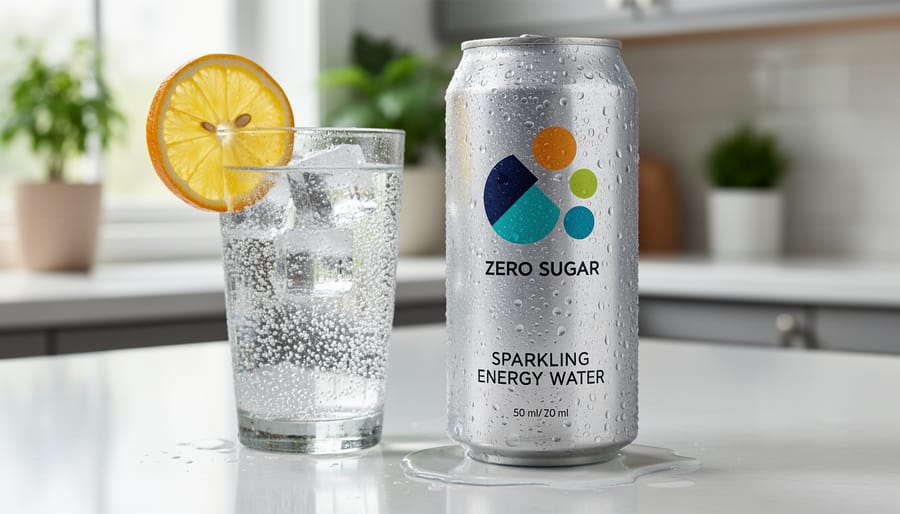 Chilled can of caffeinated sparkling water with condensation next to a filled glass on a kitchen counter.