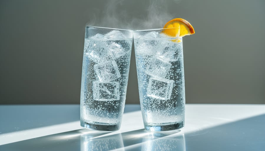 Chilled sparkling water bottles and a frosted glass with bubbles on a bar cart.