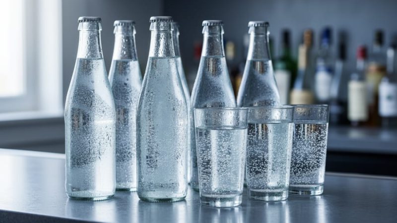 Chilled sparkling water in clear bottles and glasses with condensation and small bubbles, photographed with a softly blurred background.