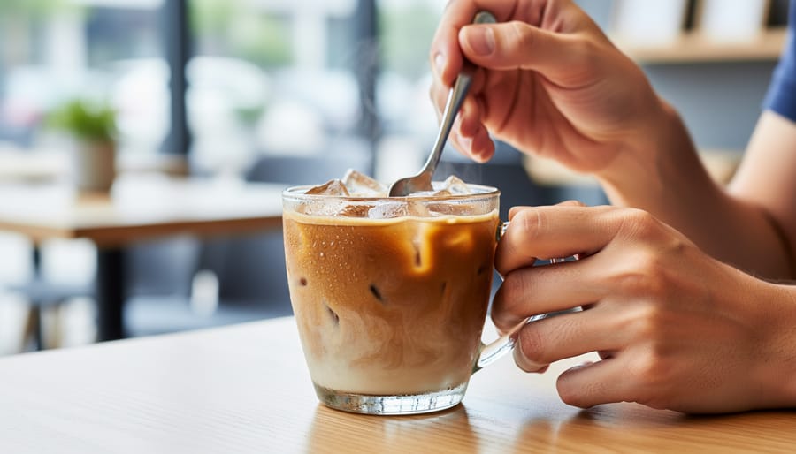 Person’s hands stirring a classic iced coffee in a transparent cup