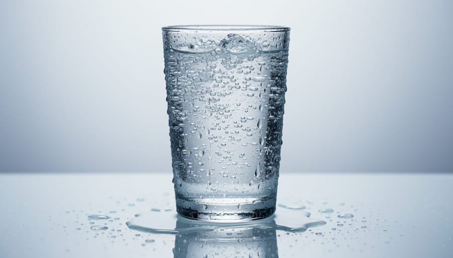 Chilled glass of club soda with condensation and a lemon twist on a bar counter