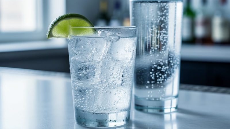 Close-up of a glass of club soda with fine carbonation, condensation, and a lime wedge, with a second sparkling water glass softly blurred in the background.