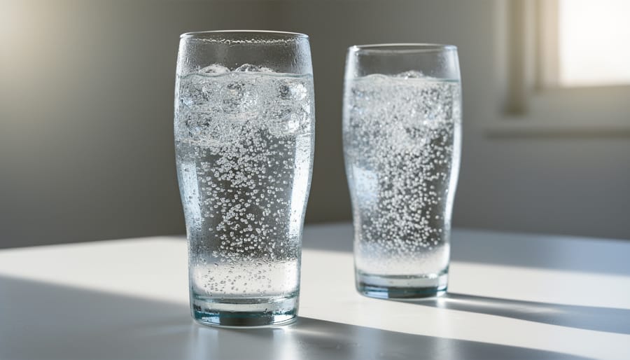 Two chilled glasses of clear sparkling water and club soda showing visible carbonation