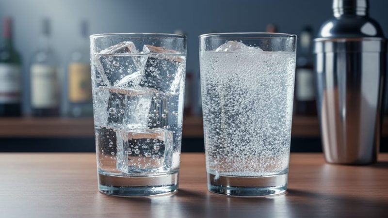 Two close-up glasses of carbonated water on a wooden bar counter, showing bubbling sparkling water and club soda.