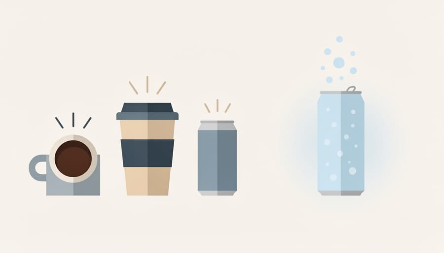 Still life showing coffee beans and espresso cup beside a can of caffeinated sparkling water.